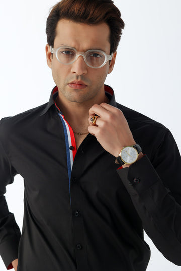 Men's Black Executive Shirt with Tricolor Trim