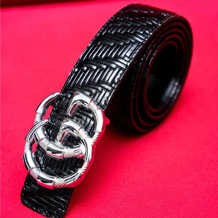 Shiny Textured Branded Buckle Premium Leather Belts