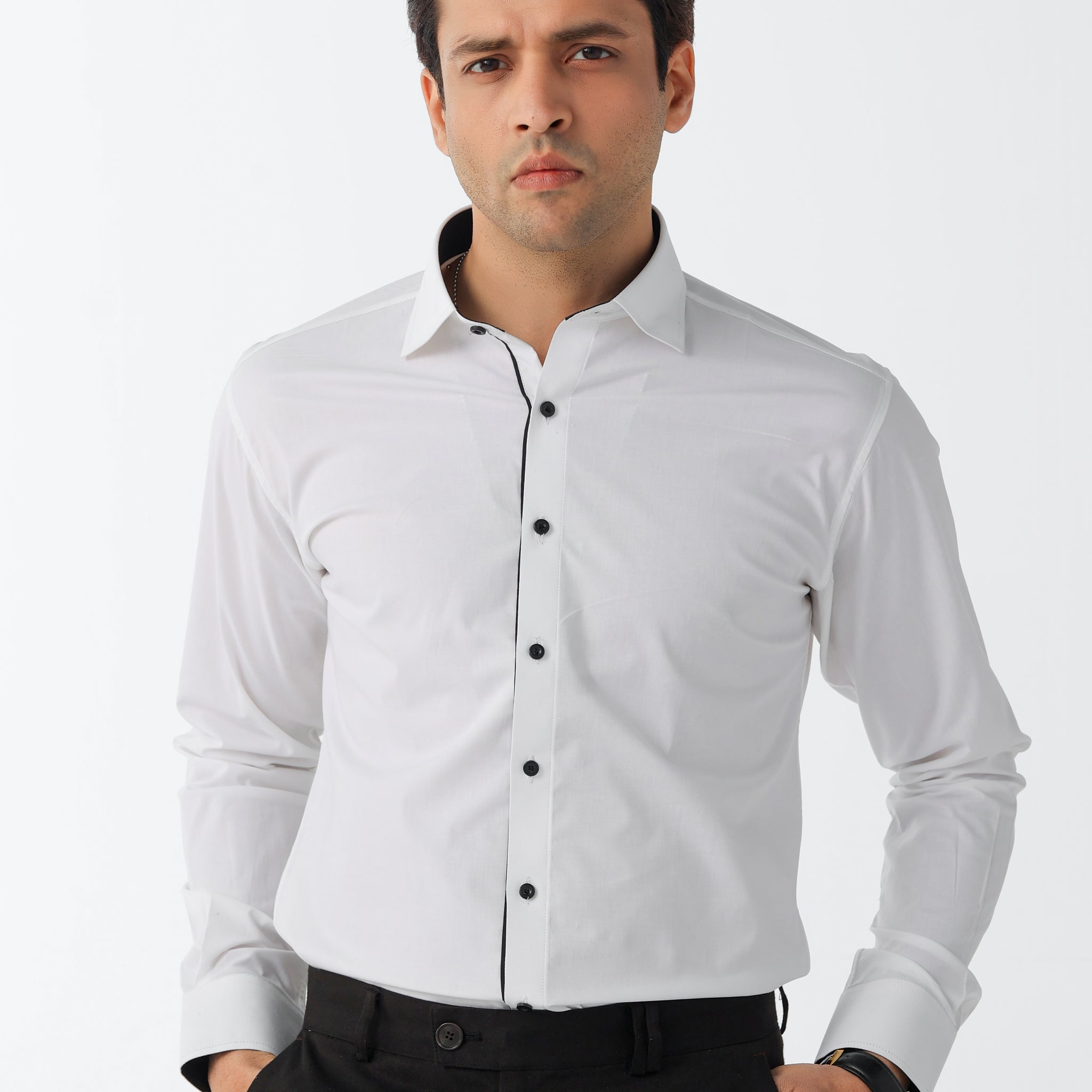 Men's white formal shirt with black details