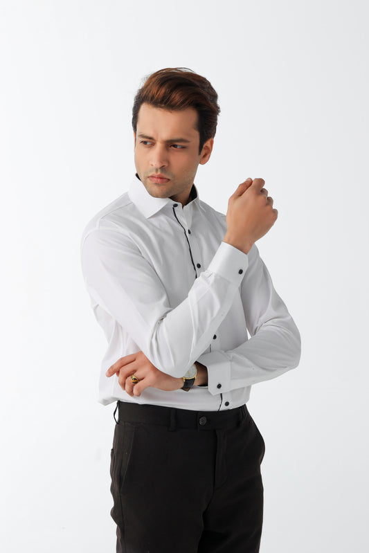 Men's white formal shirt with black details