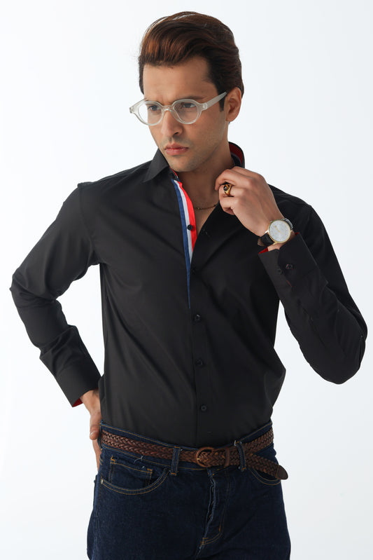 Men's Black Executive Shirt with Tricolor Trim