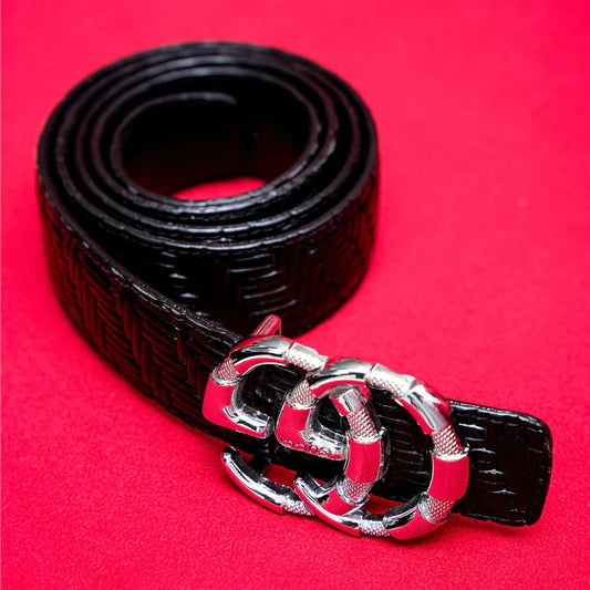 Shiny Textured Branded Buckle Premium Leather Belts